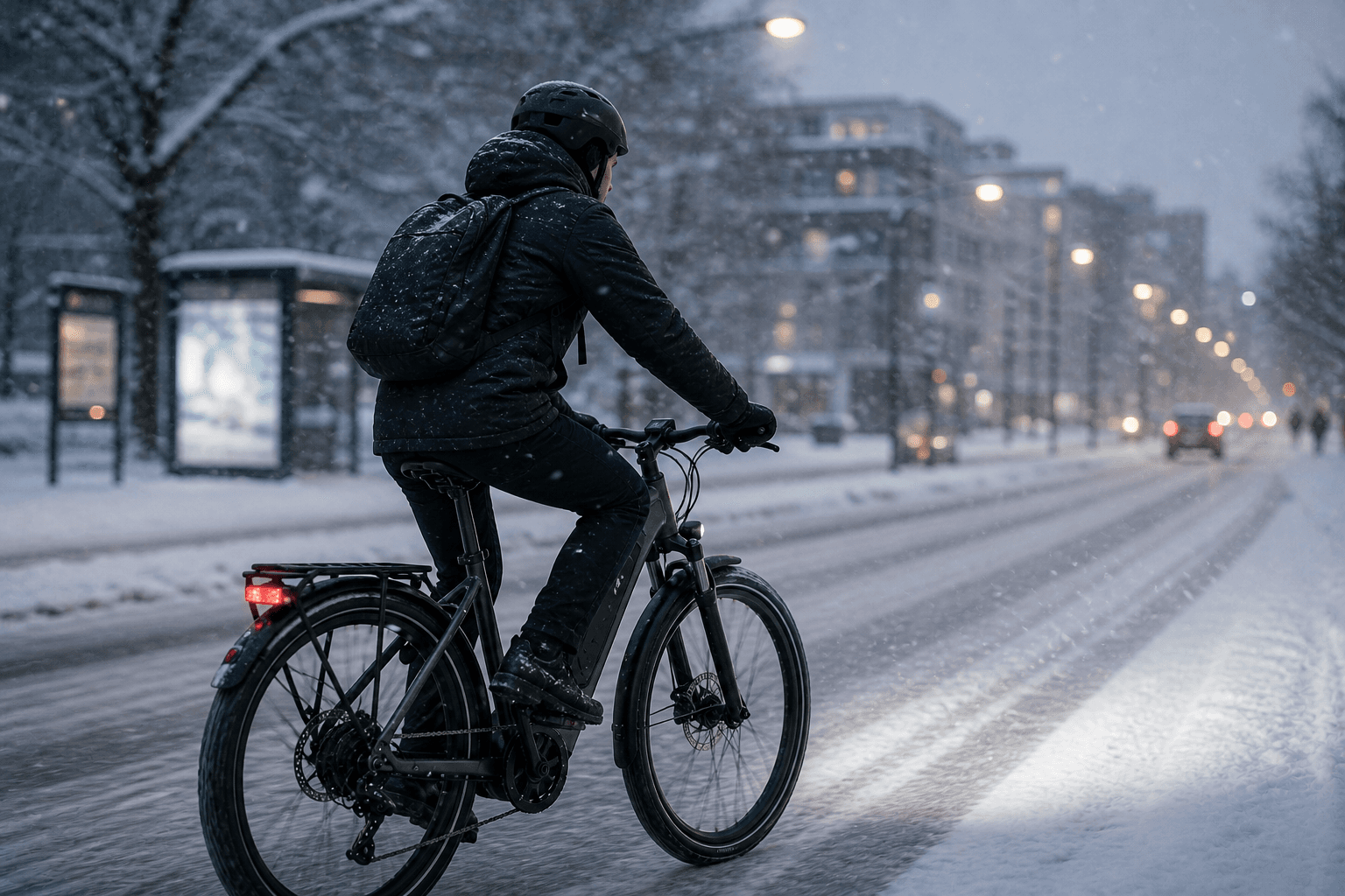 Elcykel i vintermiljö och kall väderlek