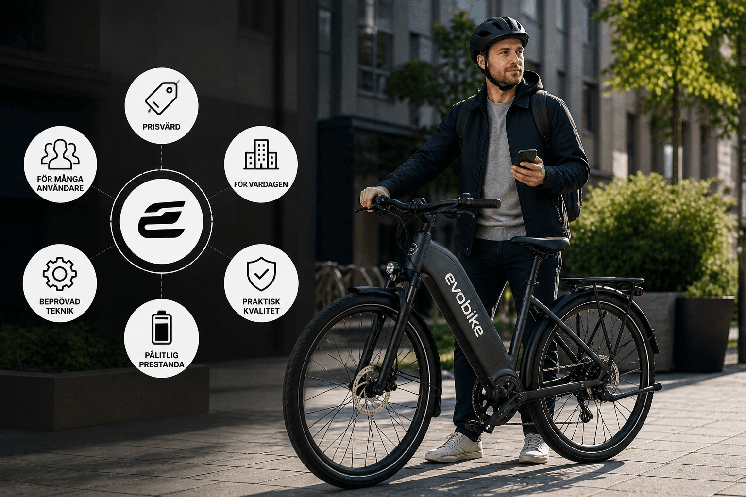EvoBike-elcykel – ram, motor och detaljer i vardagsbruk