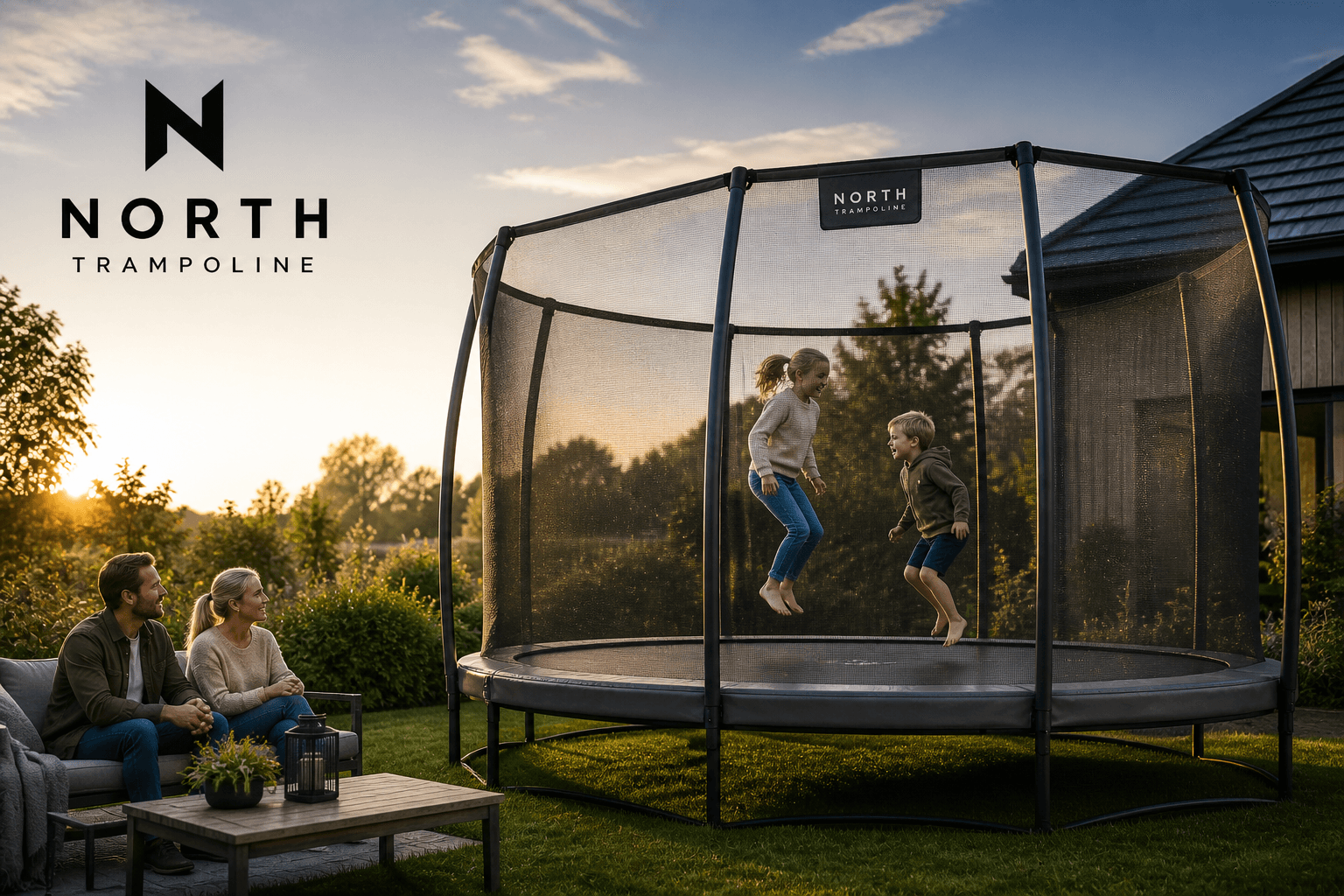 North Trampoline-studsmatta i trädgårdsmiljö